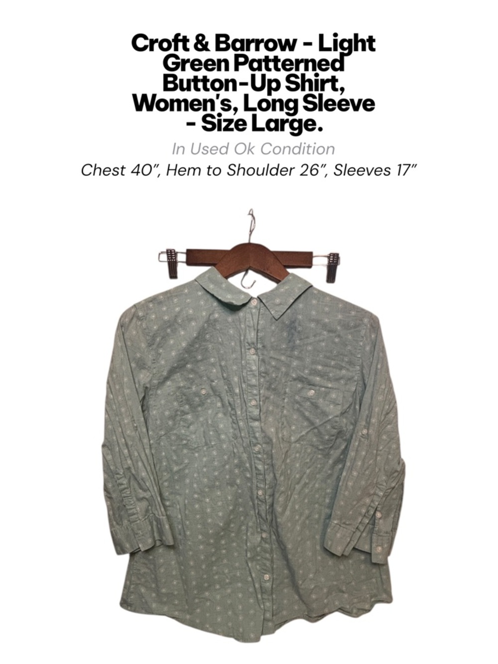 Croft & Barrow Light Green Patterned Button Up Shirt Women’s Large Long Sleeve